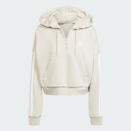 ADIDAS SPORTSWEAR Essentials 3-Stripes French Terry Quarter-Zip Hoodie Beige / White WOMEN