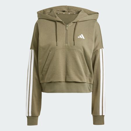 ADIDAS SPORTSWEAR Essentials 3-Stripes French Terry Quarter-Zip Hoodie Olive Strata / White WOMEN