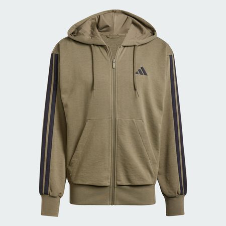 Essentials 3-Stripes French Terry Full-Zip Hoodie : Olive Strata / Black