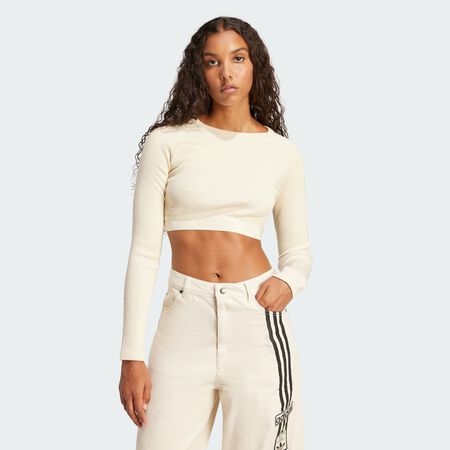 ADIDAS ORIGINALS Ribbed Long Sleeve Crop Top Cream White WOMEN