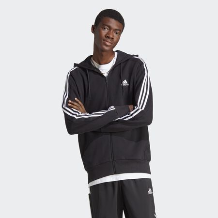 ADIDAS SPORTSWEAR Essentials French Terry 3-Stripes Full-Zip Hoodie Black / White MEN