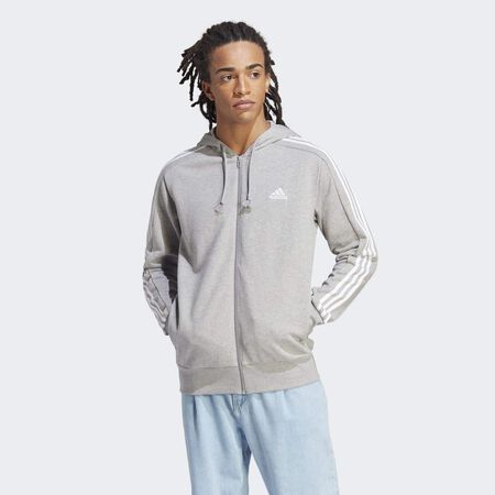 ADIDAS SPORTSWEAR Essentials French Terry 3-Stripes Full-Zip Hoodie Medium Grey Heather / White MEN