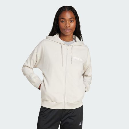 ADIDAS SPORTSWEAR Essentials Linear Full-Zip French Terry Hoodie Beige / White WOMEN