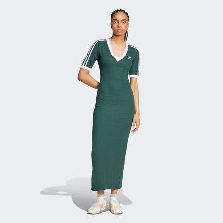 ADIDAS ORIGINALS Adicolor 3-Stripes Knit V-Neck Dress Mineral Green WOMEN