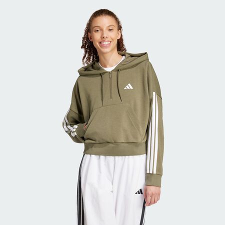 ADIDAS SPORTSWEAR Essentials 3-Stripes French Terry Quarter-Zip Hoodie Olive Strata / White WOMEN