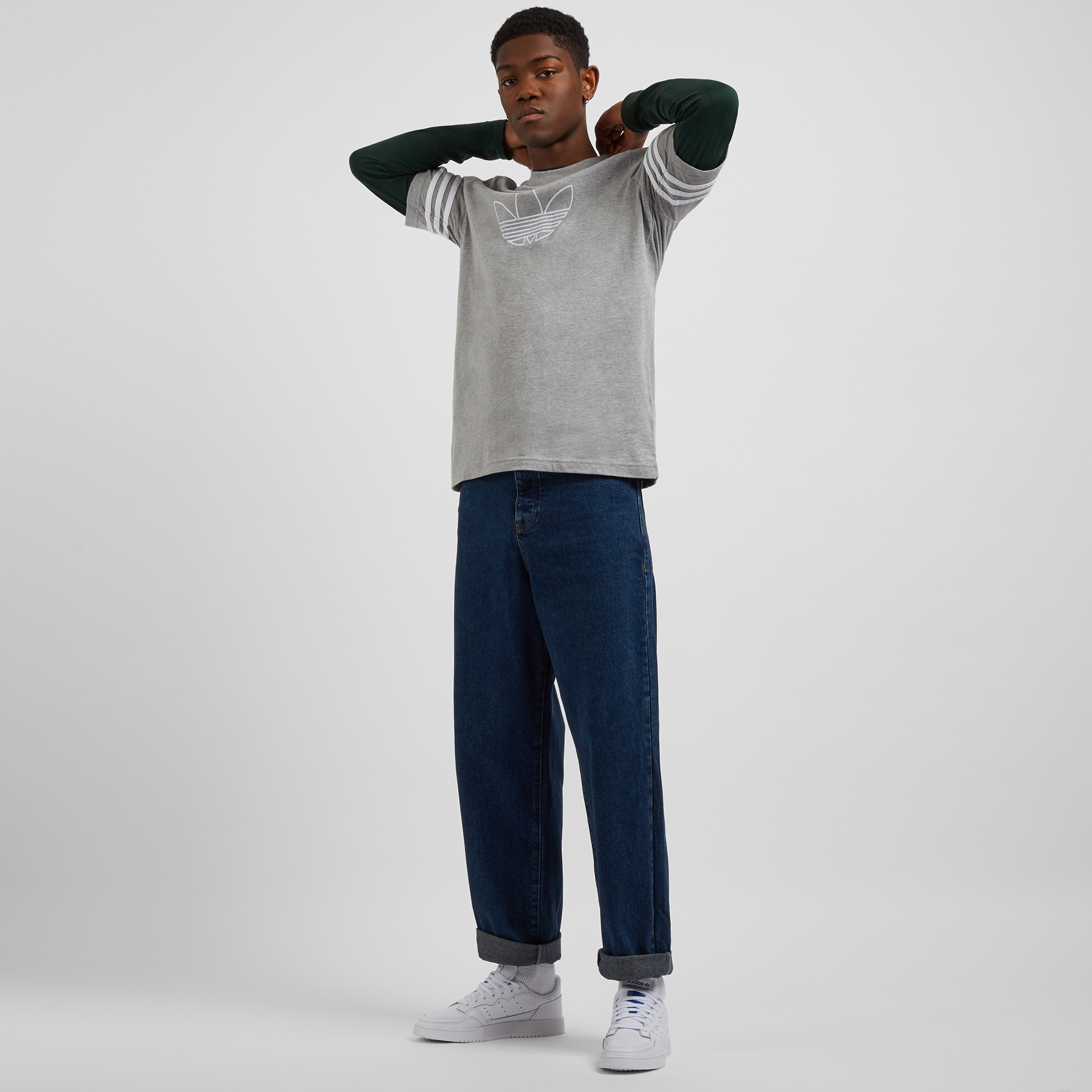Tee Shirt Logo Trefoil Stripes Adidas Originals Gris/blanc L Male