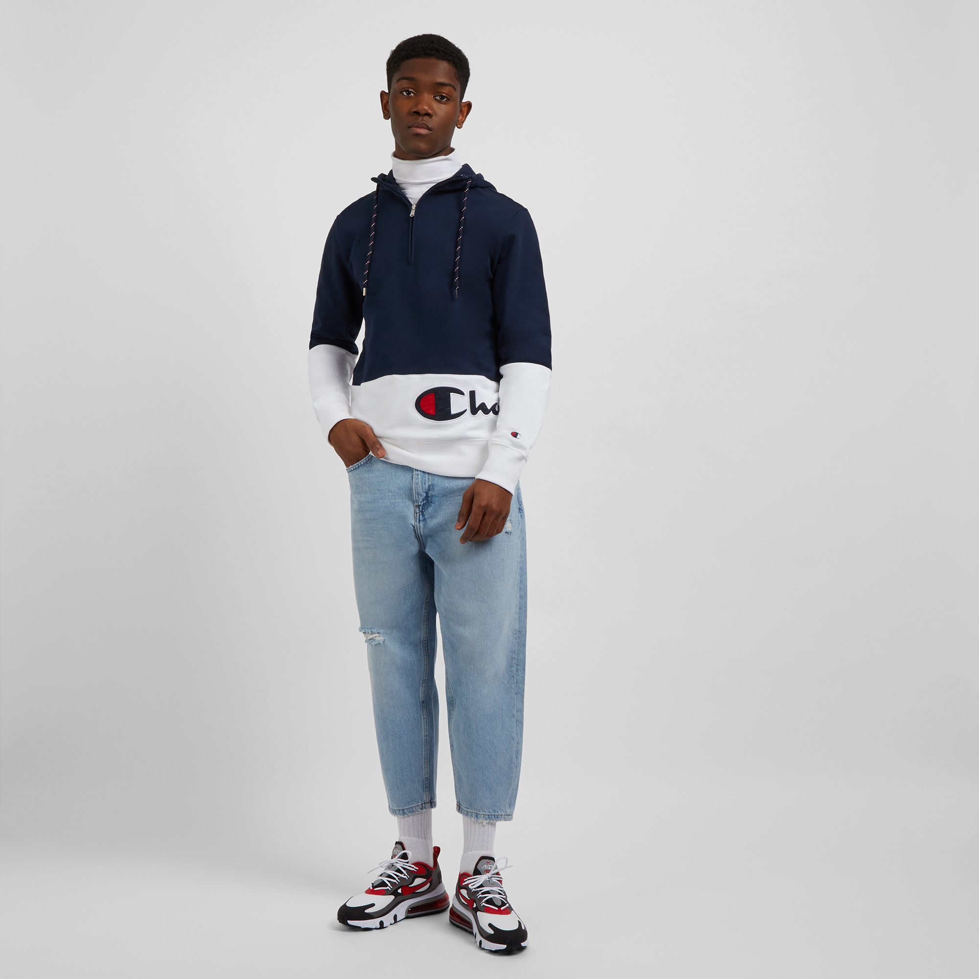 Hoodie Demi Zip Colorblock Logo Champion Marine/blanc L Male