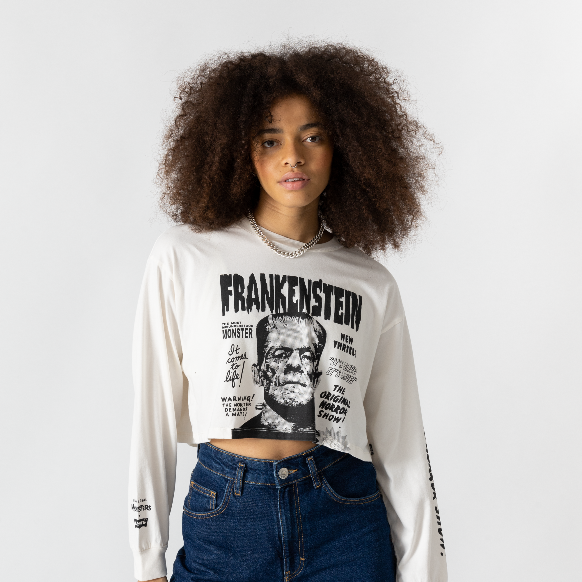 LEVIS TEE SHIRT LS CROPPED MONSTERS FRANKENSTE WHITE/PINK 